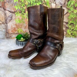 FRYE Women's Brown Leather Harness 12R Boots, 8.5